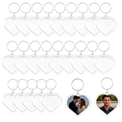 25Pcs Acrylic Clear Photo Keychain, Heart Shape Double Sided Picture Frame Key Ring, Blank DIY Personalized Photo Key Fob Holder with Split Ring for Gift & Memorial Use