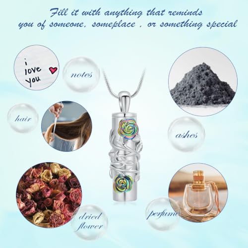 Cylinder Urn Necklace for Ashes Roseflower Cremation Jewelry Urn Ashes Necklace for Women Men Memorial Keepsake Necklace of Loved One - color: Silver-Rainbow