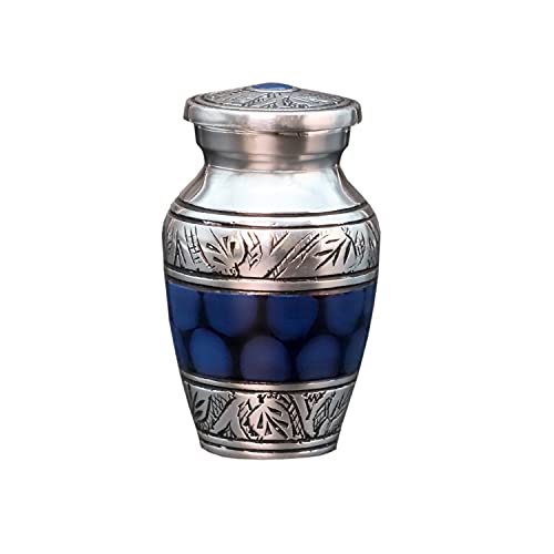 HLC Lovely Small Keepsake Urn - Blue Brass Hand Engraved Mini Memorial Affordable Keepsake Urn for Human Ashes (3 cu.in)