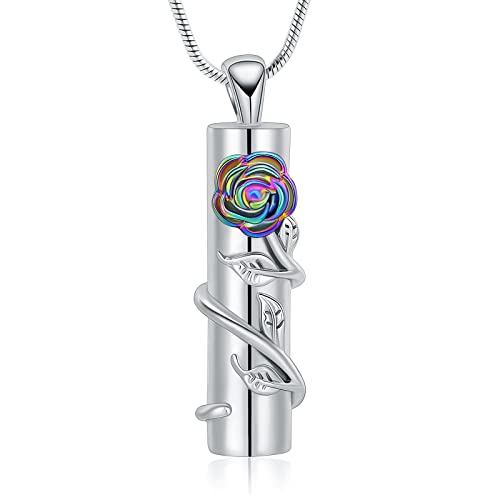 Rose Flower Urn Necklace Cylinder Bar Urn Necklace for Ashes Pendant Necklace Keepsake for Ashes Memory Keepsake Cremation Jewelry for Women Memorial - color: Silver-rainbow