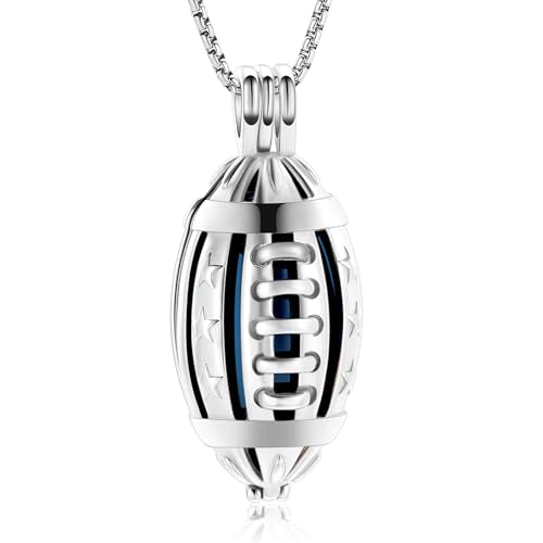 Oinsi American Football Cremation Locket Necklace For Ashes Of Loved Ones Stainless Steel Memorial Urn Jewelry Women Men Keepsake Fashion Necklace - color: Silver-Blue