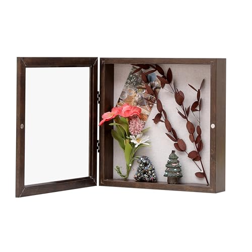 10x10 Shadow Box Frame with Linen Back, Wood Glass Display Case for Medals, Photos, Memorabilia, Awards - Pins Included- Walnut - color: Walnut, size: 10x10
