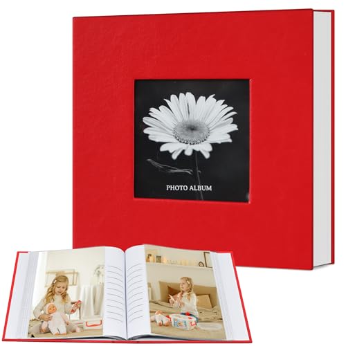 Popotop Photo Album 4x6 100 Photos with Writing Space, Leather Cover Album with Display Picture Window, Photo Book for Wedding Family Baby Gift - color: Red, size: 100 Pockets