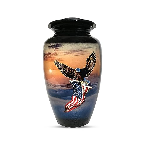 American Flag and Eagle Cremation Urn for Ashes, Adult, 200 Cubic Inches | 200 Cu In (Up to 200 lbs), Hand-Finished Aluminum, Secure Threaded Lid, For Veterans and Service Members - color: Black, size: Large