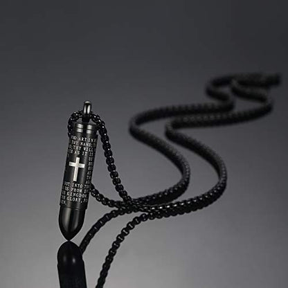Mens Urn Necklace For Ashes Bullet Shape Cross Cremation Urn Jewelry - color: Black Chain