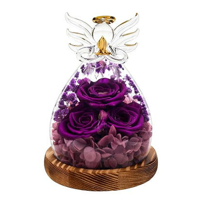 Preserved Real Rose Eternal Rose in Glass Angel Figurine with LED Light, Forever Flowers Angel Gift for Women Her Mom on Valentine's Day Christmas Birthday Anniversary (Purple, 5.8 Inch) - color: Purple