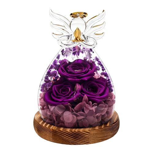 Preserved Real Rose Eternal Rose in Glass Angel Figurine with LED Light, Forever Flowers Angel Gift for Women Her Mom on Valentine's Day Christmas Birthday Anniversary (Purple, 5.8 Inch) - color: Purple