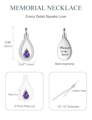 925 Sterling Silver Cremation Jewelry for Ashes Urn Necklace Memorial Teardrop Ashes Keepsake Urns Pendant Necklace for urn Necklaces Ashes Jewelry Gifts - color: Feb.