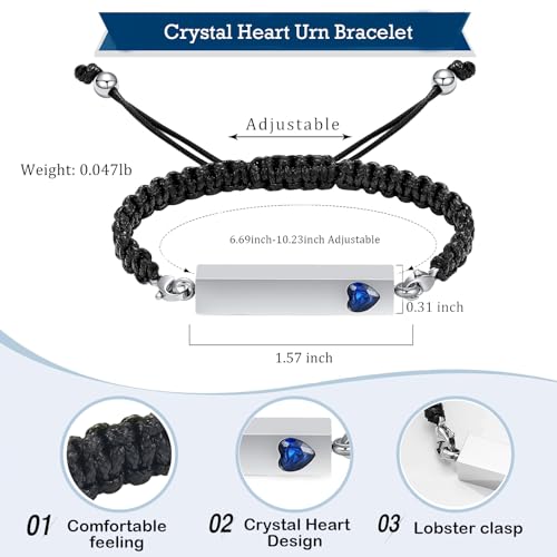 Hearbeingt Crystal Heart Cremation Jewelry Bar Urn Bracelet for Ashes - color: Silver-Blue stone