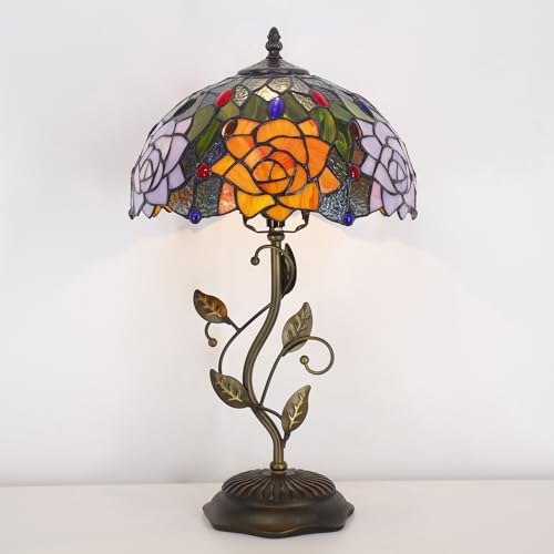 Tiffany Lamp Orange Red Rose Stained Glass Table Lamp - color: Orange Red Rose
