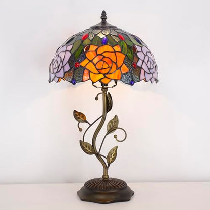 Tiffany Lamp Orange Red Rose Stained Glass Table Lamp - color: Orange Red Rose