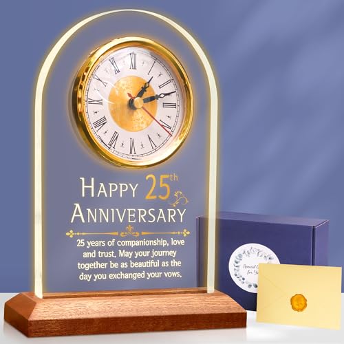 OkiyiD Light Up 25th Anniversary Wedding Gifts Quartz Clock with Wooden Base,25 Years Silver Wedding for Couple,Parents,Soft Warm White Lighting 25th Anniversary Decoration Gifts - color: 25th Anniversary