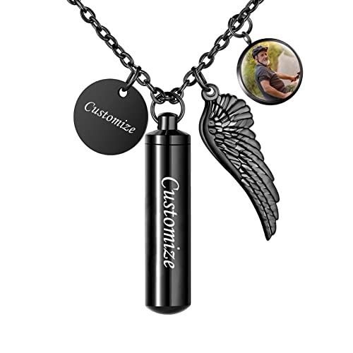 Dletay Cylinder Urn Necklace for Ashes Butterfly Cremation Jewelry for Ashes Memorial Keepsake Pendant with Angel Wing Round Tag Stainless Steel Remembrance Jewelry - color: Black L, style: Custom
