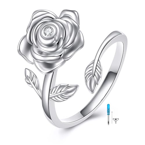 Urn Ring for Ashes Sterling Silver Adjustable Flower Cremation Rings Memorial Keepsakes Jewelry Gifts for Human Pet