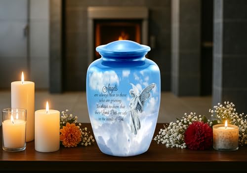 Guardian Angel Cremation Urn – Elegant Blue Adult Urn for Human Ashes – Heavenly Angel Funeral Urn for Men and Women – Large Memorial Urn Holds Up to 210 lbs with Velvet Bag (Large)
