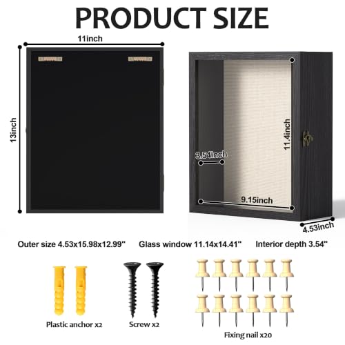 11x13 Shadow Box Frame with Acrylic Glass, Deep Large Shadow Boxes Display Cases for Tabletop and Wall Display, Memory Box for Keepsakes, Shadow Box for Flowers, Black with Linen Back - size: 11x13 in