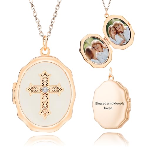 18K Gold Cross Locket Necklace for Women Holds Photo Necklace with Personalized Picture Necklaces Pendant 18 Inch Birthday Mother's Day for Women - color: Rose Gold Cross
