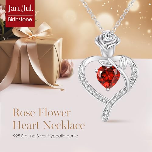 925 Sterling Silver Rose Love Heart Birthstone Necklaces for Women Jewelry | Hypoallergenic Nickel-Free & Lead-Free Pendant,Birthday Anniversary Christmas Gift for Women Wife Mom Girlfriend - color: White Gold-01/07-Jan/Jul