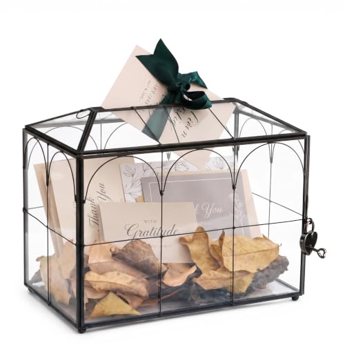 Wedding Card Box with Slot and Lock, 10.2'' Glass Card Boxes for Reception, Black Decorative Card Holder, Clear Reusable Keepsake Storage for Wedding, Party, Baby Showers, Tabletop Decor - color: 10.2'' Black Card Box with Arch