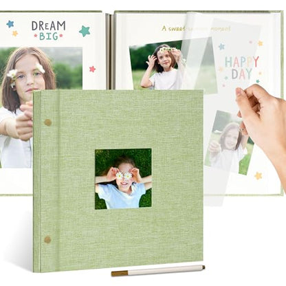 Linen Self Adhesive Photo Album 10x10 40 Pages Green | Window cover, Small Scrapbook album, 2x3 4x6 5x7 photos, Baby milestones, Family adventures - color: Green, size: 40 Pages (20 Sheets), 10 x 10 Inch