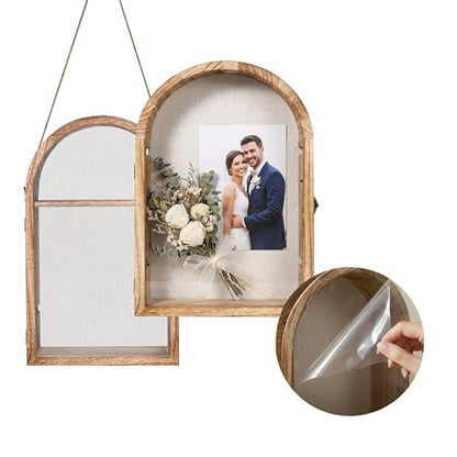 Shadow Box Frame with Clear Acrylic Door, Removable Shelves & Linen Back - Large Display Case Picture Frame for Wall or Tabletop - Memory Box for Wedding Bouquet, Photos, Medals, Memorabilia