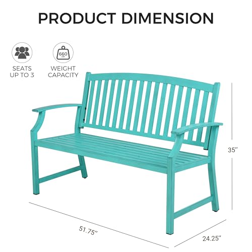 Grand patio 52" Farmhouse Outdoor Bench with Armrest, Turquoise Blue | Anti-rust Aluminum Frame, Faux Wood Grain Finish, for Front Porch, Yard, Park, Garden - color: Turquoise Blue