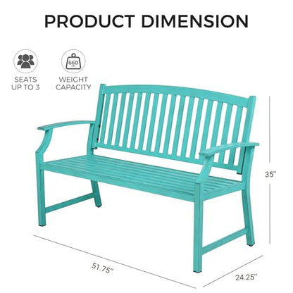 Grand patio 52" Farmhouse Outdoor Bench with Armrest, Turquoise Blue | Anti-rust Aluminum Frame, Faux Wood Grain Finish, for Front Porch, Yard, Park, Garden - color: Turquoise Blue