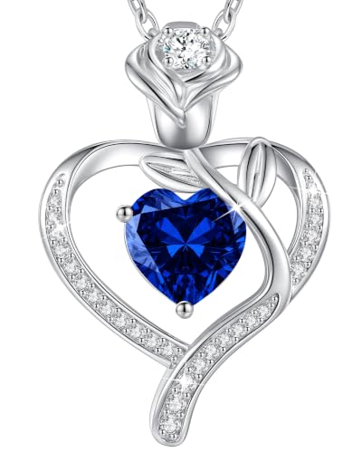 925 Sterling Silver Rose Love Heart Birthstone Necklaces for Women Jewelry | Hypoallergenic Nickel-Free & Lead-Free Pendant,Birthday Anniversary Christmas Gift for Women Wife Mom Girlfriend - color: White Gold-09-Sep