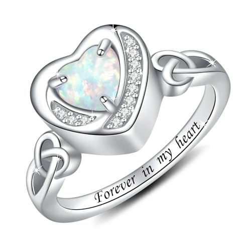 Heart Cremation Ring for Ashes - 925 Sterling Silver Teardrop Urn Keepsake Rings Memorial Jewelry for Women - style: Opal