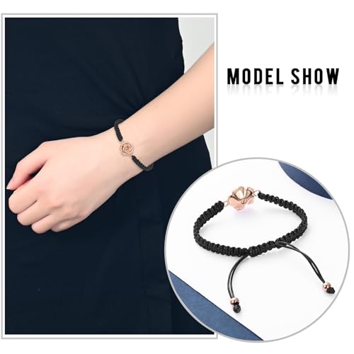 Rose Flower Ashes Bracelet Adjustable Braided Rope Cremation Jewelry | mini urn, stainless steel material, for women, waterproof sealed ring & lobster clasp keep ashes secure, with a filling tool - color: Rose Gold
