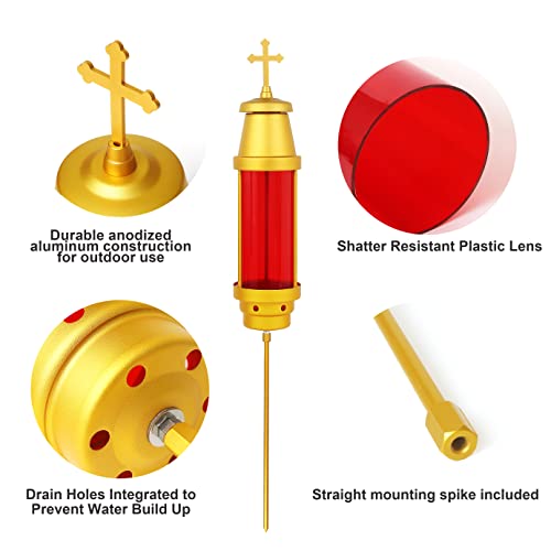 Cemetery Candle Holder, Greek Orthodox Cross Grave Lantern, Red | Anodized aluminum frame, weatherproof red globe, eternal vigil light, memorial & bereavement gift