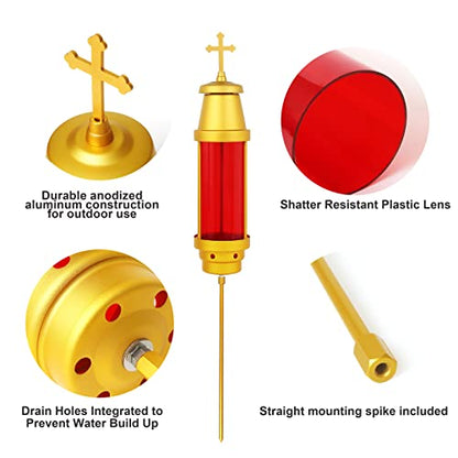 Cemetery Candle Holder, Greek Orthodox Cross Grave Lantern, Red | Anodized aluminum frame, weatherproof red globe, eternal vigil light, memorial & bereavement gift