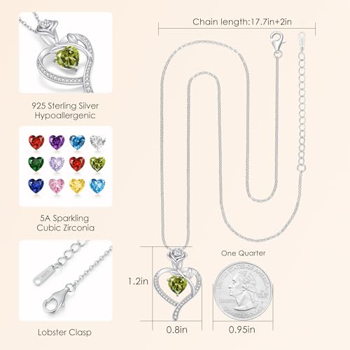 925 Sterling Silver Rose Love Heart Birthstone Necklaces for Women Jewelry | Hypoallergenic Nickel-Free & Lead-Free Pendant,Birthday Anniversary Christmas Gift for Women Wife Mom Girlfriend - color: White Gold-08-Aug