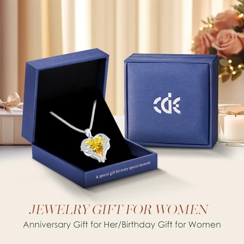 CDE Angel Wings Heart Birthstone Pendant Necklace Gift for Women | Silver/Gold Tone,Ideal Birthday & Anniversary Jewelry Gift for Wife,Girlfriend,Her - color: White-11-Yellow Birthstone