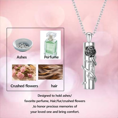 Rose Flower Urn Necklace for Ashes Stainless Steel Cylinder Ash Holder Pendant Cremation Jewelry for Ashes - color: Black