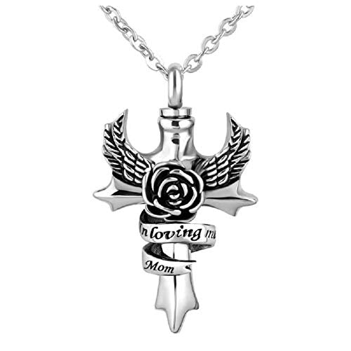 Cross Angel Wings Urn Necklace for Ashes in Loving Memory Dad Mom Grandma Grandpa Brother Sister Uncle Aunt Son Cremation Keepsake Memorial Jewelry - style: Mom