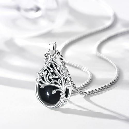 Sterling Silver Tree of Life Necklace for Women Oval Family Tree Necklace Abalone Shell Moonstone Pendant Mother Day Necklace for Mom Tree of Life Jewelry - style: Tree of Life-Obsidian-2
