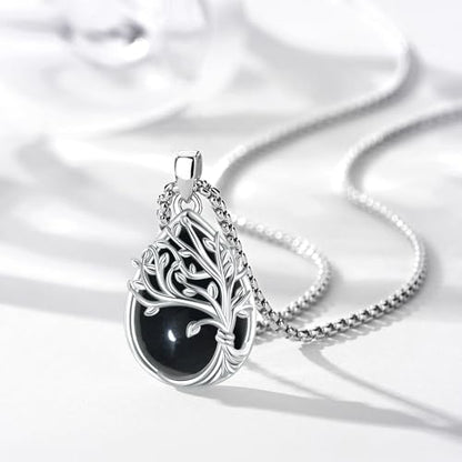 Sterling Silver Tree of Life Necklace for Women Oval Family Tree Necklace Abalone Shell Moonstone Pendant Mother Day Necklace for Mom Tree of Life Jewelry - style: Tree of Life-Obsidian-2