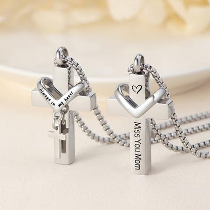 Cremation Cross Necklace for Ashes Cross Urns Locket Pendant Ashes Holder Stainless Steel Memorial Jewelry - style: Miss You Mom