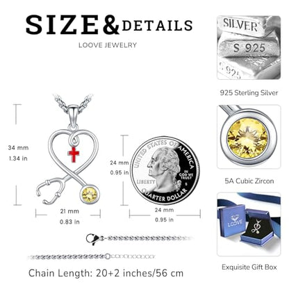 Angel Wings Necklace 925 Sterling Silver Guardian Angel Nurse RN Caduceus Pendant Charm Crystal Angel Jewelry Gifts for Women - style: H-Stethoscope-11-Nov.-Citrine