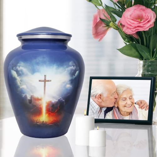M MEILINXU Cremation Urns for Human Ashes, Grey Blue Cross, Large Adult Urn - color: Grey Blue