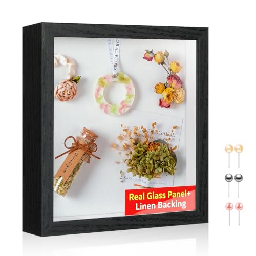 12x12 Shadow Box Picture Frame with Real Glass Panel and Linen Back | With Push Pins and Stand, Deep 1.5" Black Shadow Box Display Case – Display on Tabletop or Wall for Photo, Wedding, Keepsake - color: Black + Thickened Panel + Foam Packaging, size: 12x