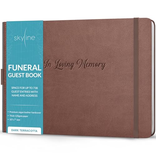 Skyline Funeral Guest Book, Sign In Name & Address, Hardcover Terracotta | 10”x7”, Elegant sign-in guestbook for memorial service & celebration of life with large signature space, Memory book - color: Dark Terracotta, size: Smaller than A4 (10" x 7")
