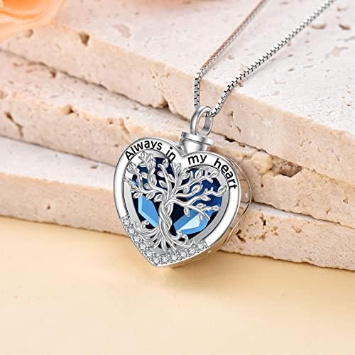 TOUPOP Tree of Life Urn Necklaces for Ashes 925 Sterling Silver Heart Cremation Jewelry Memorial Keepsake Jewelry with Funnel Filler for Women Men - color: B-Heart Tree of Life-Blue Crystal B