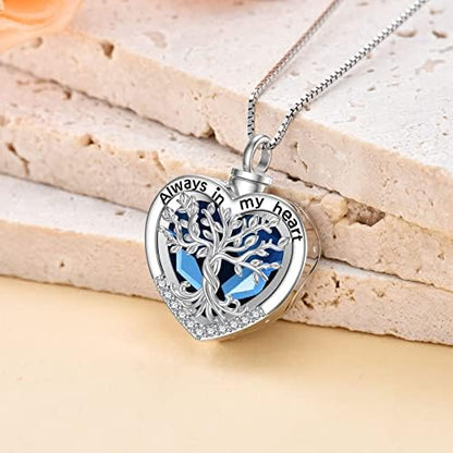TOUPOP Tree of Life Urn Necklaces for Ashes 925 Sterling Silver Heart Cremation Jewelry Memorial Keepsake Jewelry with Funnel Filler for Women Men - color: B-Heart Tree of Life-Blue Crystal B
