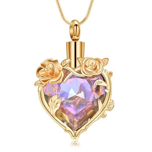 Cremation Jewelry for Ashes Rose Flower Urn Necklace with Crystal Heart Ashes Pendant Butterfly Necklaces for Women Men Memorial Keepsake Jewelry Gift - color: Gold-purple
