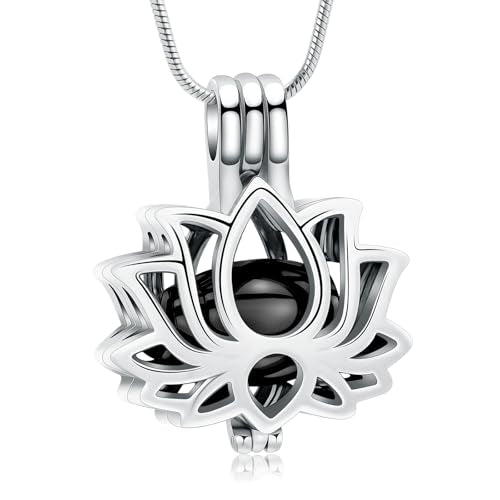 Cremation Jewelry Lotus Flower Urn Necklaces for Ashes Stainless Stell Memorial Ash Pendant Necklaces with Mini Urn Keepsake Ash Jewelry for Men Women Gifts with Funnel Filler Kit - color: Silver-Black