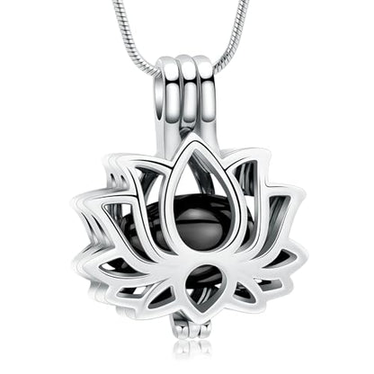 Cremation Jewelry Lotus Flower Urn Necklaces for Ashes Stainless Stell Memorial Ash Pendant Necklaces with Mini Urn Keepsake Ash Jewelry for Men Women Gifts with Funnel Filler Kit - color: Silver-Black