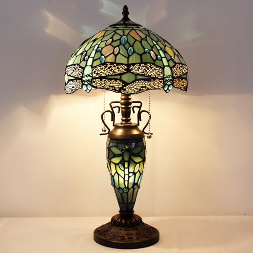 WERFACTORY Tiffany Table Lamp Sea Blue Stained Glass Dragonfly Style 12X12X22 Inches Mother-Daughter Vase Desk Reading Light Decor Bedroom Living Room Home Office S147 Series