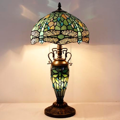 WERFACTORY Tiffany Table Lamp Sea Blue Stained Glass Dragonfly Style 12X12X22 Inches Mother-Daughter Vase Desk Reading Light Decor Bedroom Living Room Home Office S147 Series